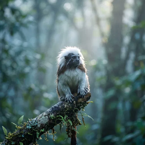 Cotton-Top Tamarin on Misty Forest Branch
