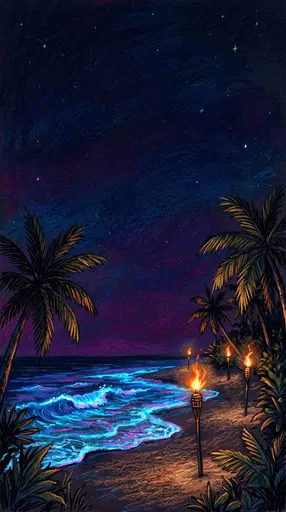 Tropical Night Beach Pastel Illustration