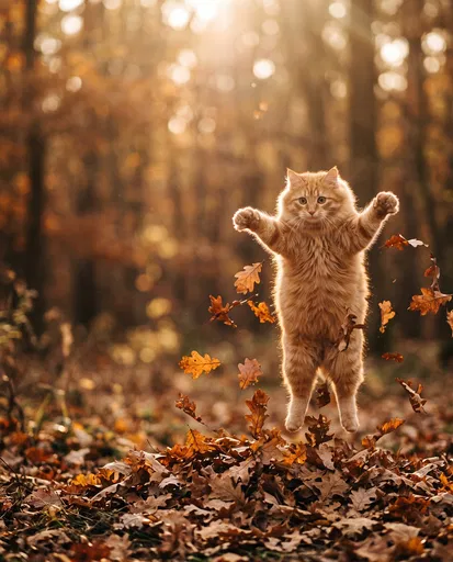 Ginger Cat Jumping Over Autumn Leaves