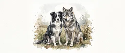 Watercolor Border Collie and Wolf Together