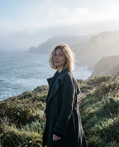Blonde Woman on Misty Coastal Cliff