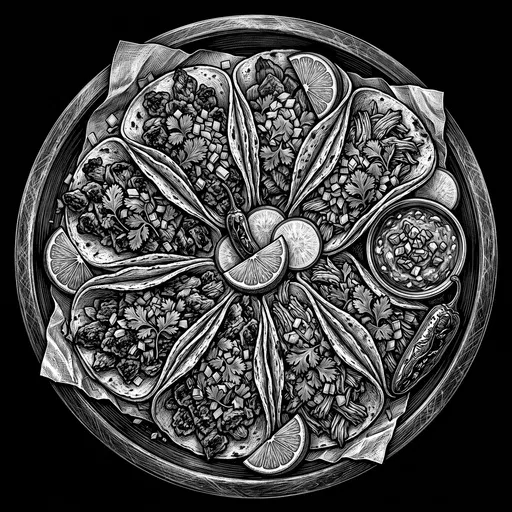 Scratchboard Illustration of Street Taco Platter