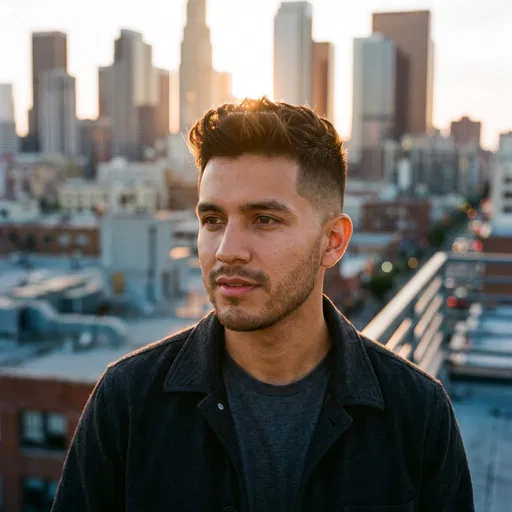 Young Man on Urban Rooftop at Sunset