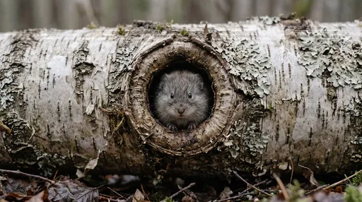 Gray Lemming Inside Birch Log Hollow
