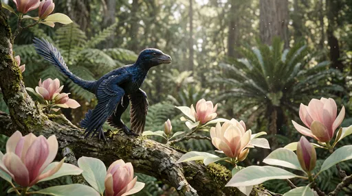 Feathered Microraptor on Flowering Magnolia Branch