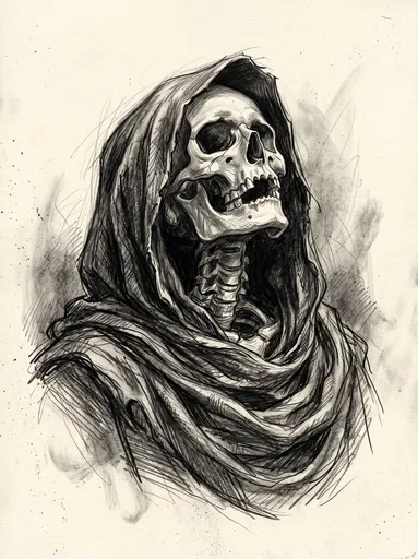 Graphite Drawing of Hooded Skeleton Bust