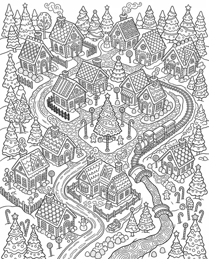 Christmas Gingerbread Village Line Art Coloring Page