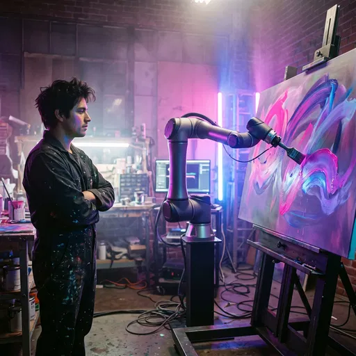 Artist Watching Robotic Arm Paint Canvas