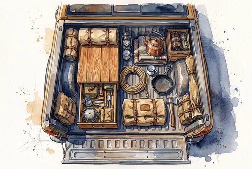Watercolor Illustration of Overland Camping Truck Bed