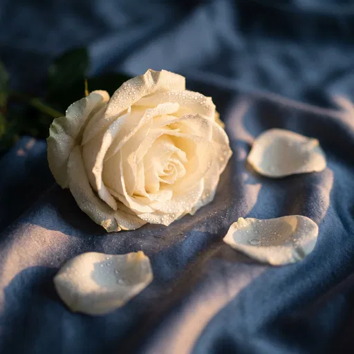 Dewy White Rose on Blue Fabric