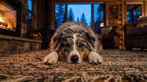 Australian Shepherd Resting on Cabin Rug
