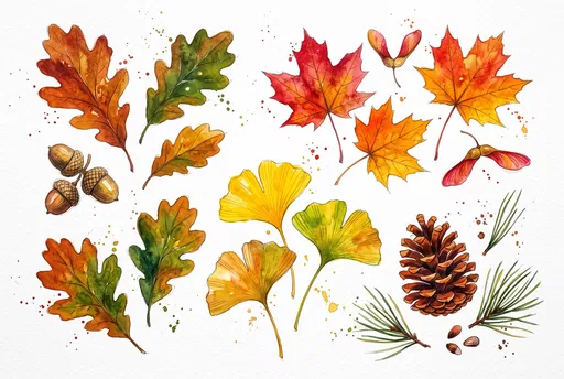 Watercolor Autumn Leaves and Seeds Set