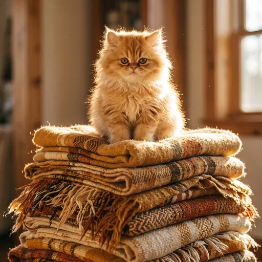 Fluffy Golden Kitten on Stacked Blankets