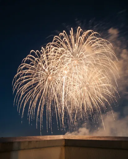 Golden Fireworks Over Rooftop Ledge at Night