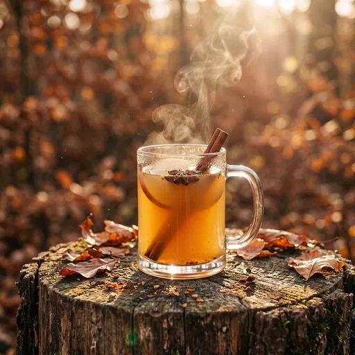 Steaming Spiced Apple Cider on Tree Stump