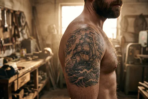 Man With Nautical Ship Shoulder Tattoo