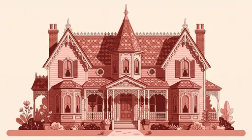 Pink Monochrome Victorian Gingerbread Cottage Illustration