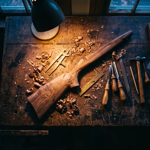 Carved Walnut Rifle Stock on Workbench