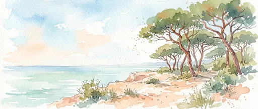 Watercolor Mediterranean Pine Trees Overlooking Calm Sea