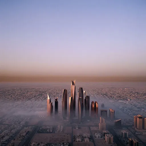 Supertall Glass Towers in Sunset Fog