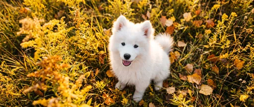 White Samoyed Puppy in Autumn Meadow