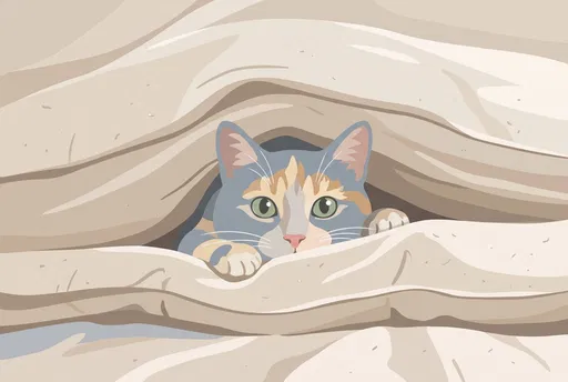 Dilute Calico Cat Peeking Under Blankets
