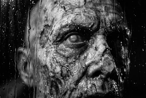 Monochrome Zombie Face Behind Rainy Glass