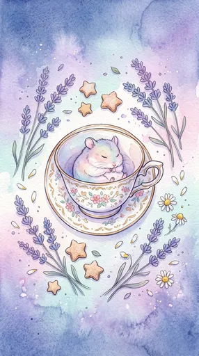 Sleepy Watercolor Hamster in Floral Teacup