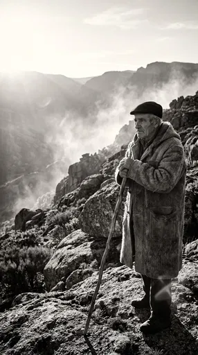 Elderly Shepherd on Misty Mountain Ridge