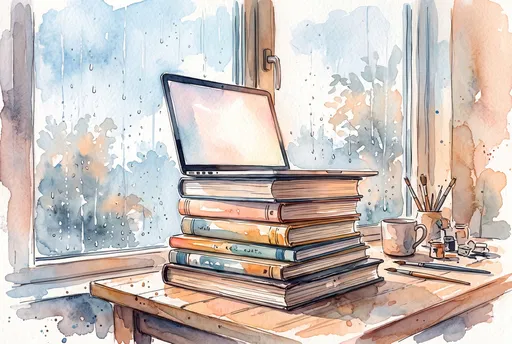 Watercolor Laptop on Books by Rainy Window