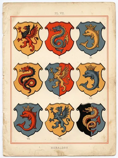 Antique Chromolithograph Heraldic Shields Plate
