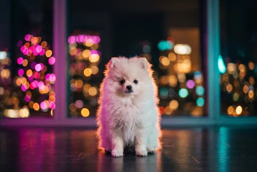 Fluffy White Pomeranian with City Bokeh