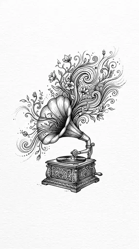 Vintage Gramophone Ink Sketch With Floral Swirls