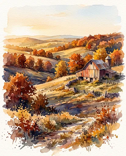 Watercolor Autumn Hillside with Rustic Barn