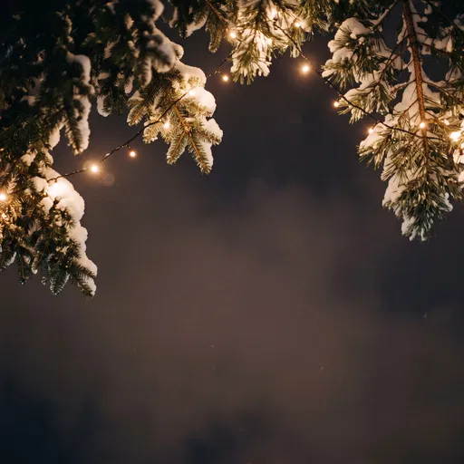 Snowy Fir Branches With Warm String Lights