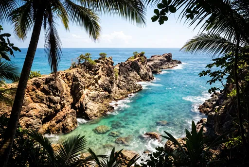 Tropical Rocky Coastline Framed by Palms