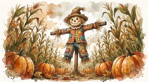 Watercolor Scarecrow with Pumpkins and Cornstalks