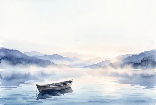 Watercolor Rowboat on Misty Mountain Lake