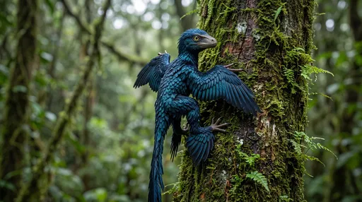 Iridescent Blue Microraptor on Mossy Tree