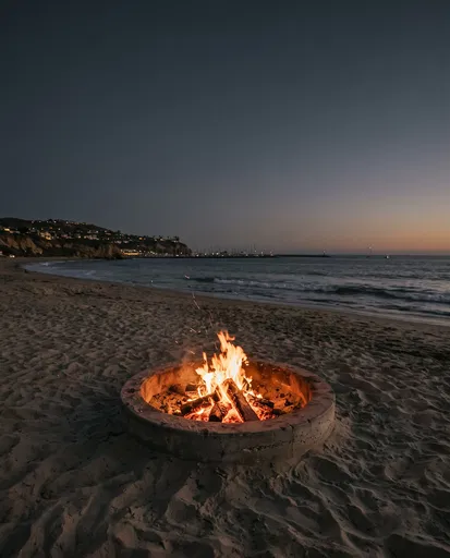 Beach Bonfire in Concrete Ring at Dusk