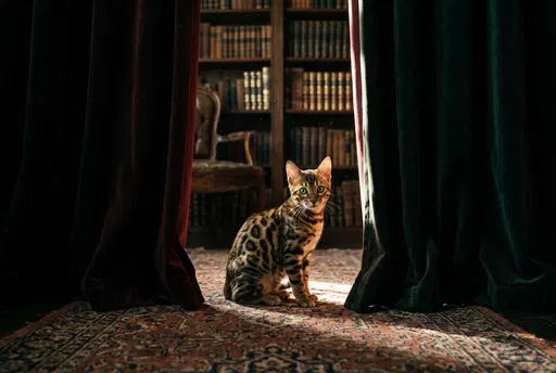 Bengal Kitten Between Velvet Library Curtains