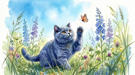 Watercolor Cat Swatting at Butterfly