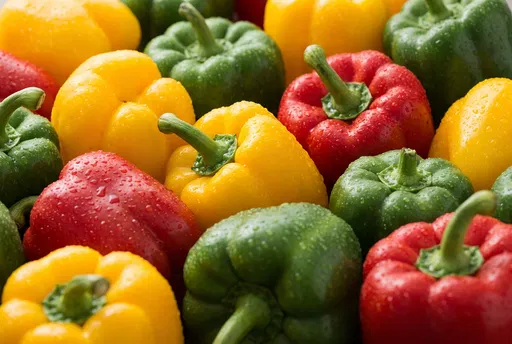 Fresh Tricolor Bell Peppers With Water Droplets
