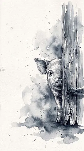 Watercolor Piglet Peeking Behind Wooden Door