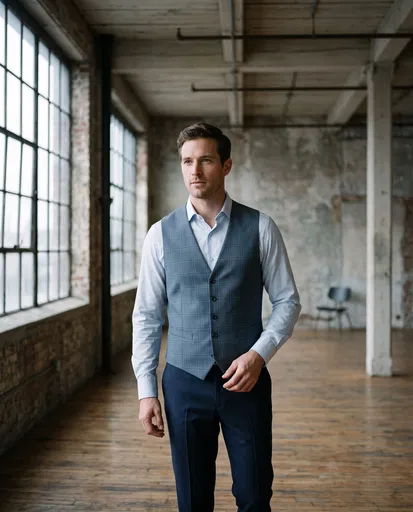 Man in Slate Blue Vest in Loft