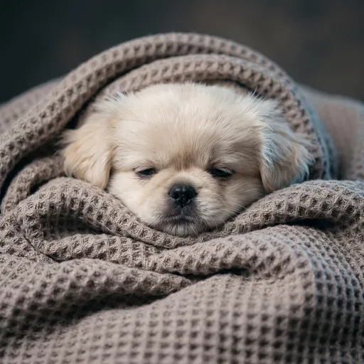 Sleepy Cream Puppy in Waffle Blanket
