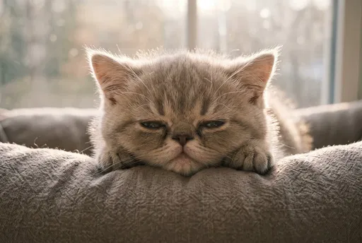 Sleepy Exotic Shorthair Kitten on Pillow