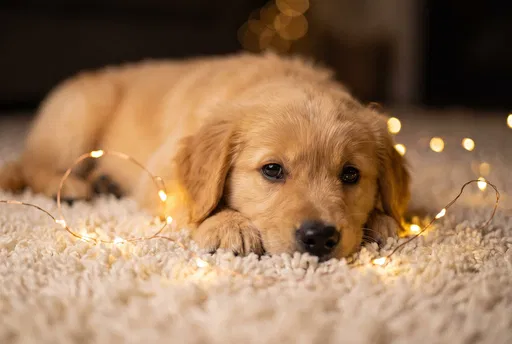 Golden Retriever Puppy Resting with Fairy Lights