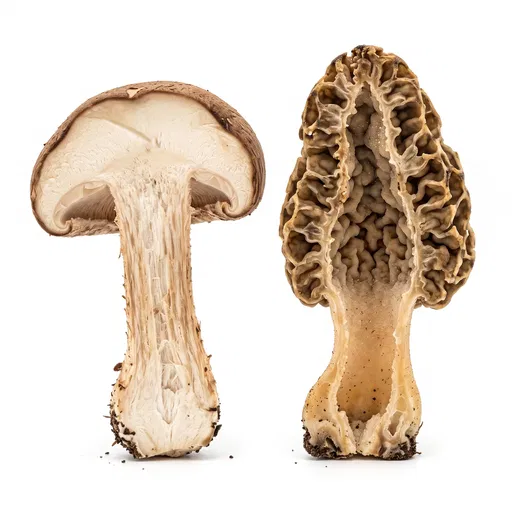 Halved Shiitake and Morel Mushroom Cross-Sections