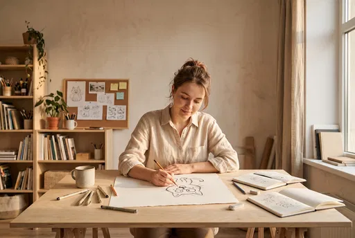 Female Illustrator Sketching Cartoon Cat at Desk